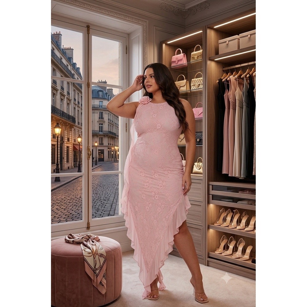 Fashion Nova 1X Pink Lace Rosette Asymmetrical Ruffle Dress Coquette Fairy Y2K